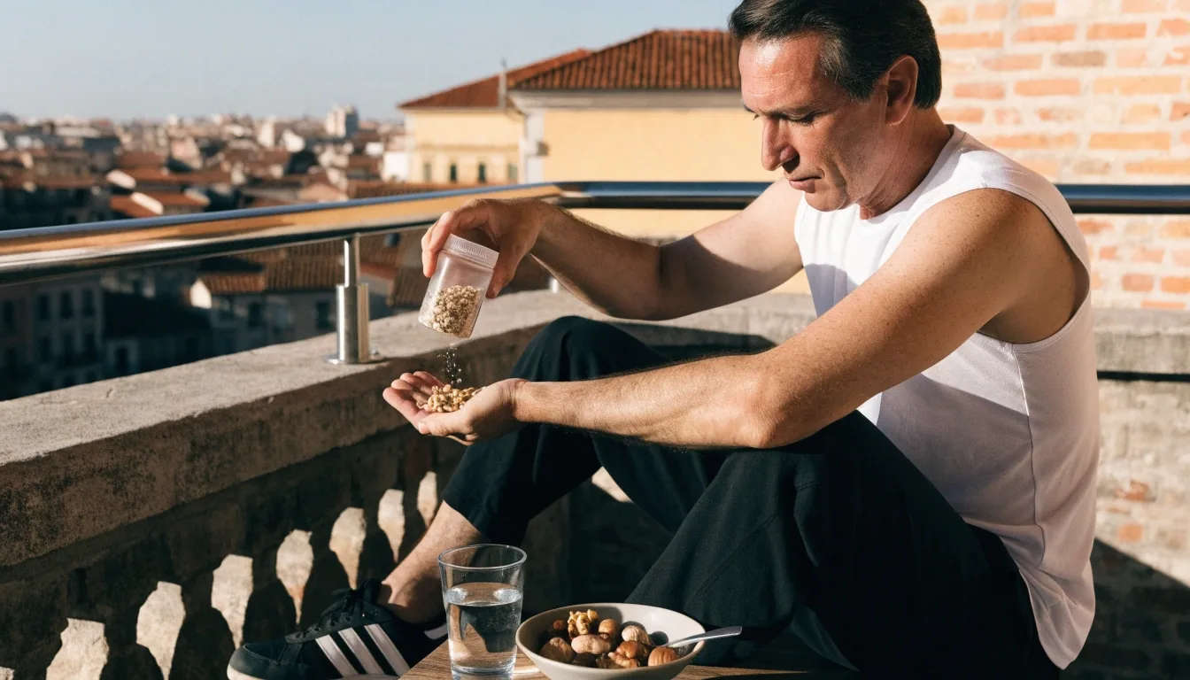 Hombre preparando una comida equilibrada en una cocina luminosa antes de su rutina de entrenamiento