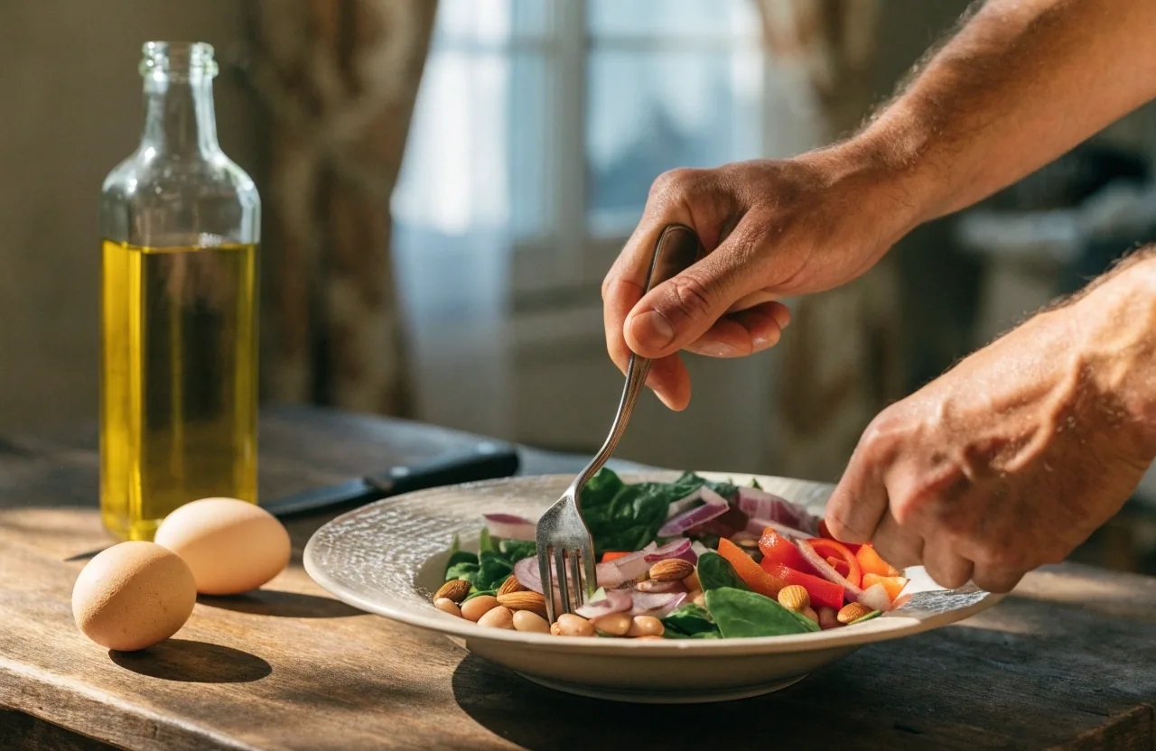 Mesa con verduras frescas, frutos secos, huevos y legumbres repartidos sobre una superficie de madera