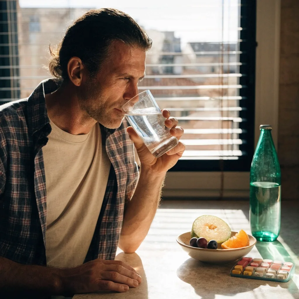 Vaso de agua sobre una mesa junto a una botella y fruta fresca a media mañana