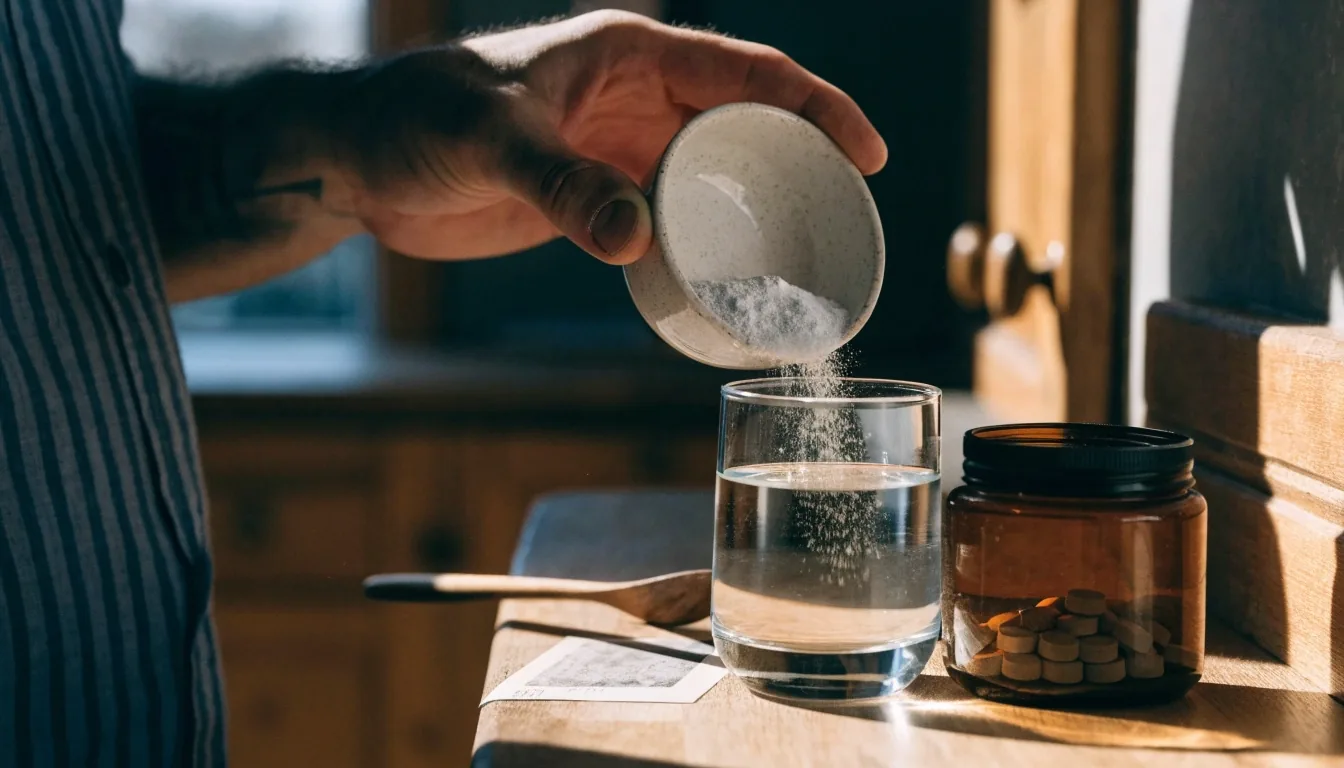 Hombre en una cocina luminosa revisando las cápsulas de un suplemento antes de su rutina diaria