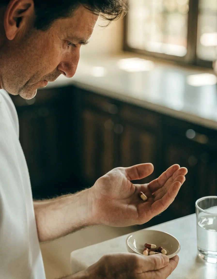 Toma diaria de una cápsula por la mañana en una cocina luminosa