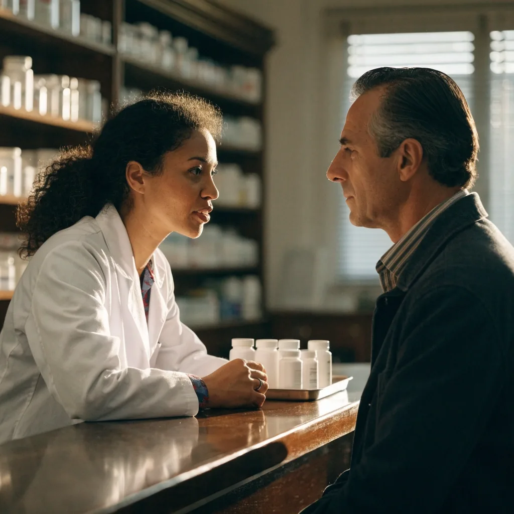 Farmacéutica europea escuchando a un visitante en un rincón de consulta de una farmacia de Barcelona