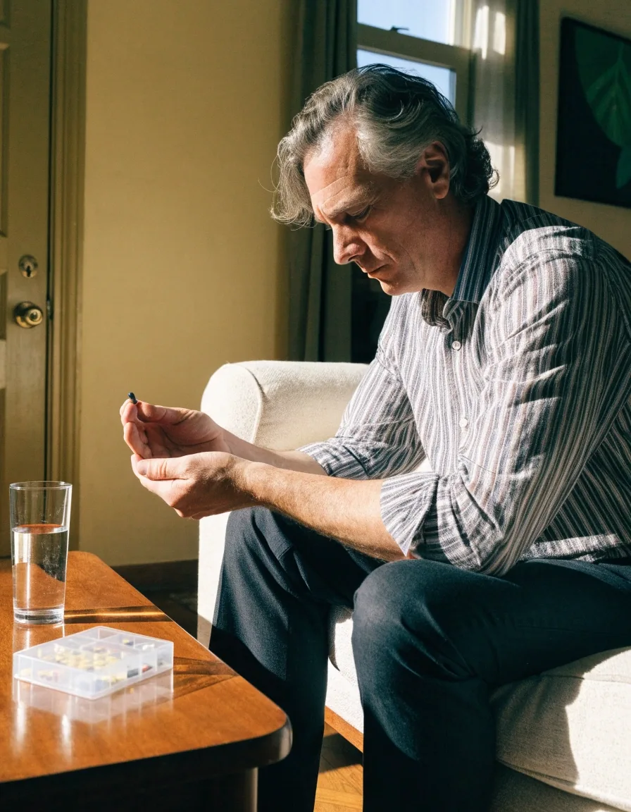 Hombre leyendo información de un producto junto a un frasco y una taza de café