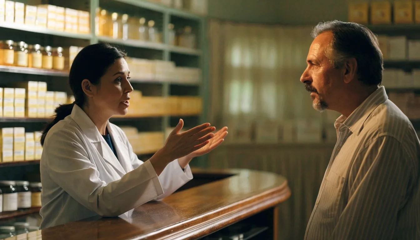 Profesional de farmacia atendiendo tras el mostrador con estantes de productos al fondo