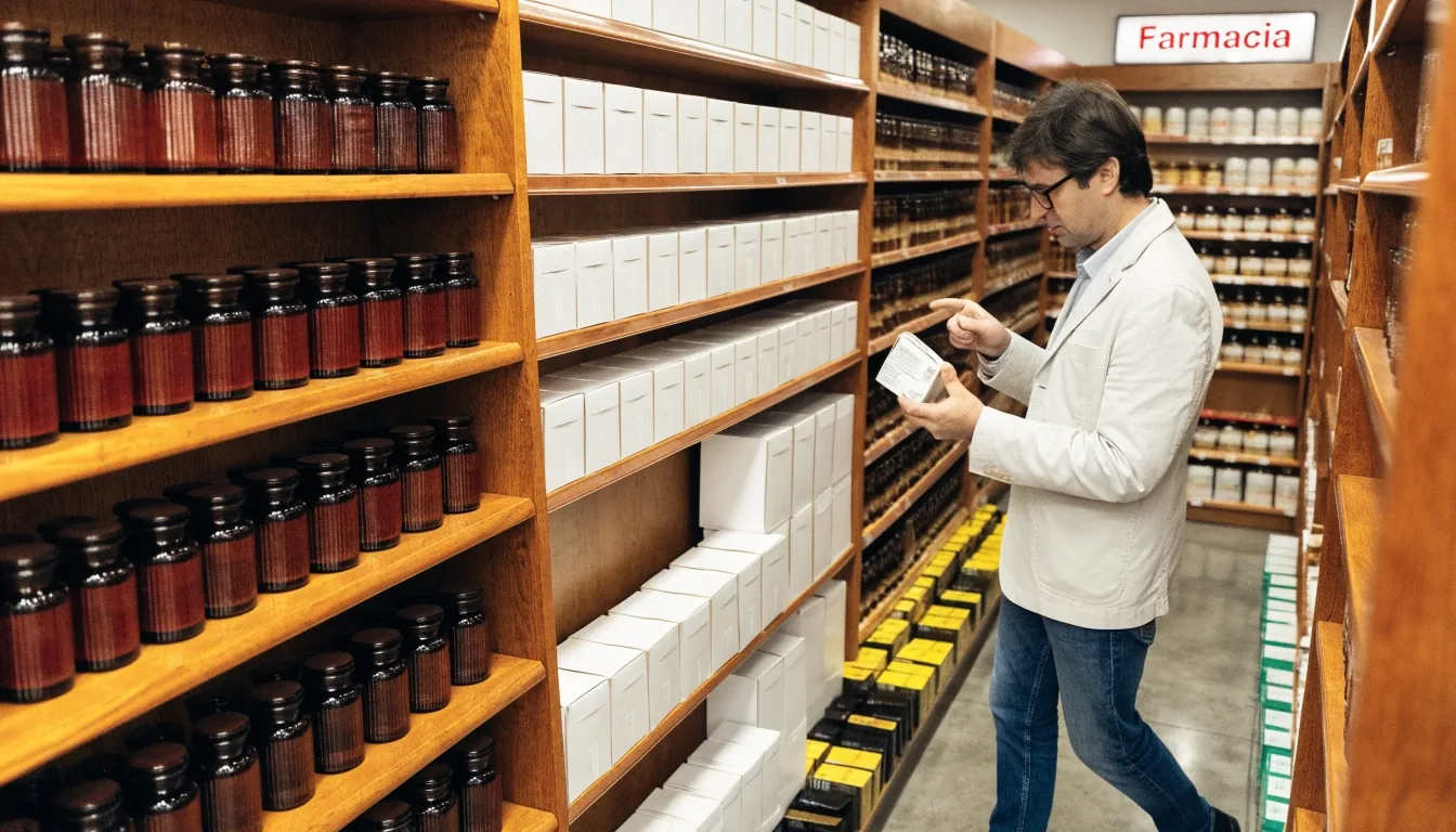 Pasillo de una tienda con estantes de complementos y un cliente leyendo un envase