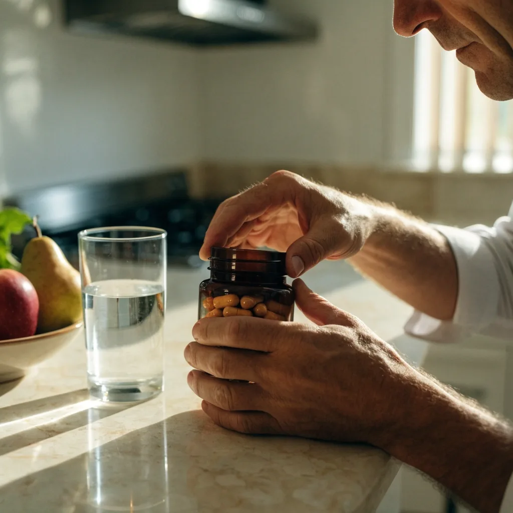 Rincón de cocina por la mañana con agua, complemento sin marca, avena y zapatillas de deporte